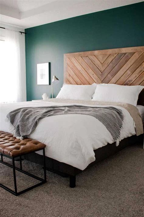 Cozy Minimalist Bedding Green Accent Wall Wood Headboard