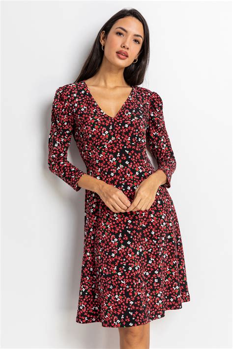 Ditsy Floral Fit And Flare Dress In Red Roman Originals Uk