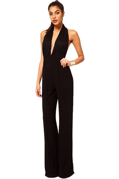 Black Plunging Halter Backless Jumpsuit Stylish Jumpsuit Backless