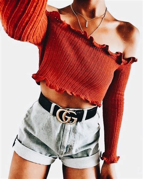 cute rust off the shoulder top with chic black belt and denim shorts ropa ropa de moda ropa