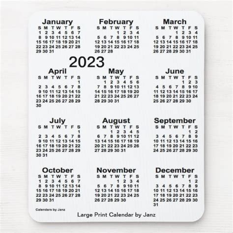 2023 White Large Print Calendar By Janz Mouse Pad