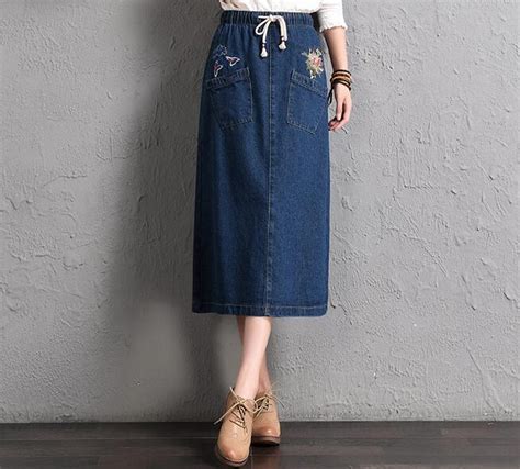 Embroidery Denim Skirts For Women Plus Size Cotton Blend A Line Skirts Blue Mid Calf Empire New