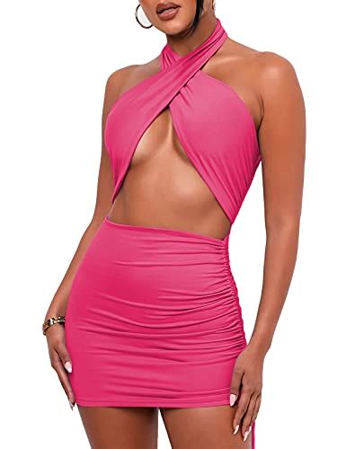 Lizstud Women Sexy Club Halter Criss Cross Hollow Out Ruched Sleeveless Mini Bodycon Dresses Hot