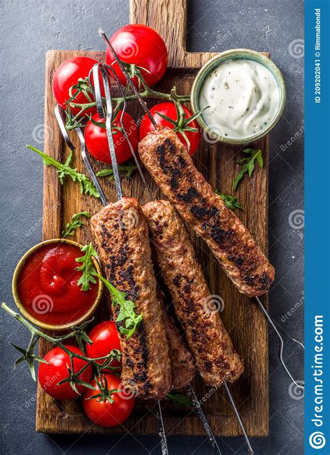 Minced Beef Kebabs On Skewers Stock Image Image Of Barbq Ketchup