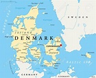 Dinamarca Mapa político con capitales de Copenhague, de las fronteras ...