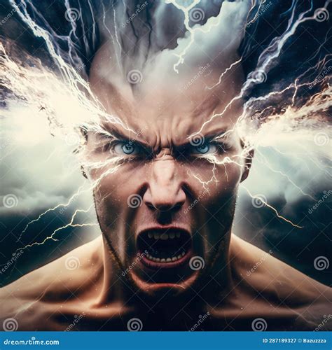 Mad Crazy Screaming Man Face With Lightning Bolts Portrait Stock