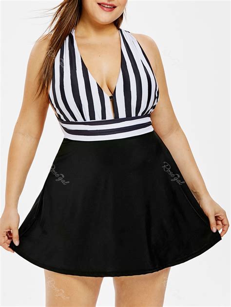 34 Off Plunging Neck Plus Size Striped One Piece Swimsuit Rosegal