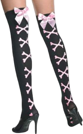 ladies black pink crossbones and bow pirate goth emo stockings hold ups fancy dress party costume