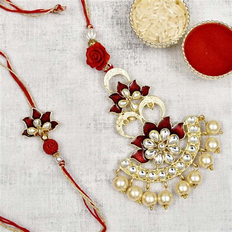 Floral Pattern Kundan Pearl Embellished Bhaiya Bhabhi Rakhi Gift