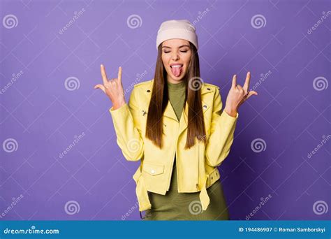 Photo Of Funky Crazy Lady Showing Hands Horns Metal Music Lover Protruding Tongue Out Mouth Wear