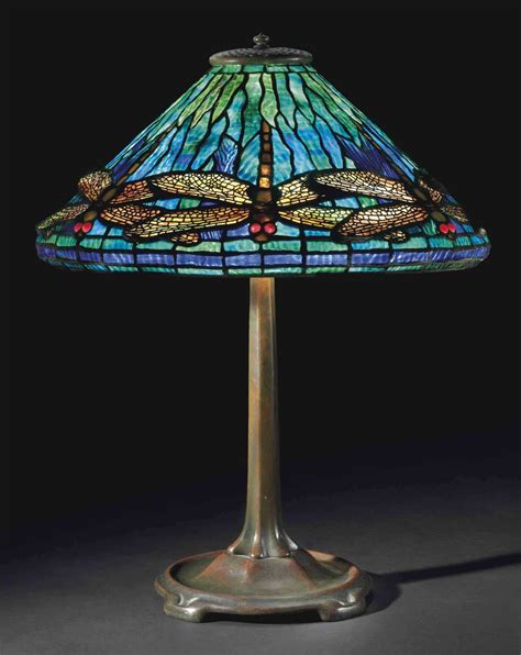TIFFANY STUDIOS A DRAGONFLY LEADED GLASS AND BRONZE TABLE LAMP