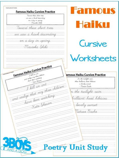 Handwriting practice paper with dashed center line. FREE Famous Haiku Cursive Writing Pages | Free Homeschool Deals