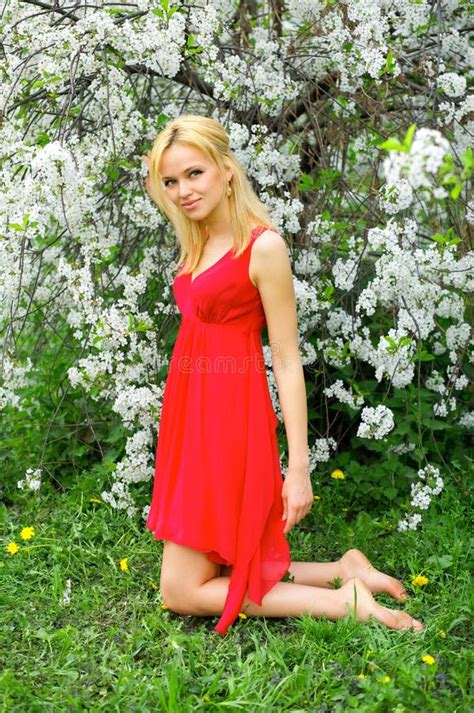 Young Beautiful Woman In A Red Dress Stock Image Image Of Fragrance