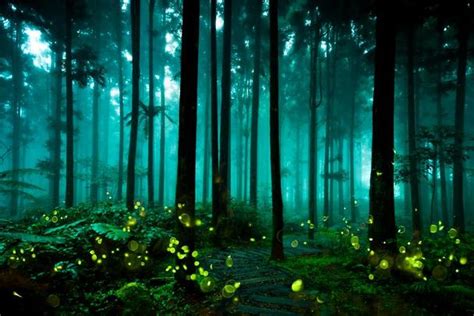 Fireflies Glowing Summer Forest At Night Landscape Photo Poster 36x24
