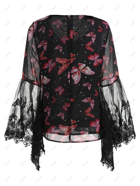 27 Off 2020 Flare Sleeve Butterfly Print Chiffon Blouse In Black
