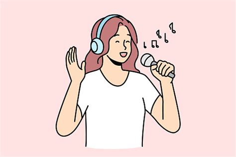 Wanita Bahagia Bernyanyi Di Mikrofon Ilustrasi Stok Unduh Gambar