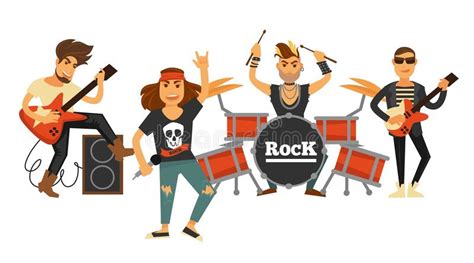 Rock Music Band Singers And Musicians With Musical Instruments Vector