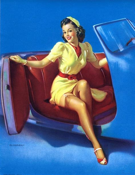 SALE Elvgren SPORTS MODEL Hot Rod Car Pin Up Vintage Dress Stockings Up Skirt Pinup Deco