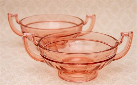 art deco pair of pink pressed glass bowls with handles vintage glass love vintage