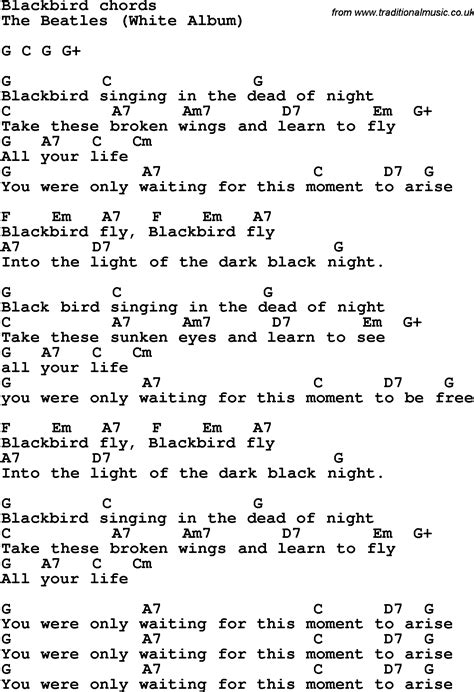 Song Lyrics With Guitar Chords For Blackbird The Beatles