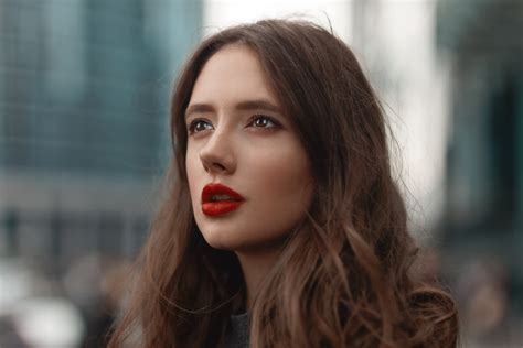 Red Lipstick Women Model Portrait Brunette Looking Into The Distance