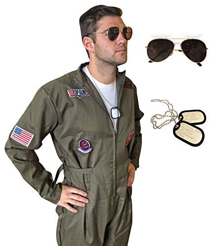 Top Gun Maverick Pilot Jumpsuit Costume With Dog Tags And Glasses