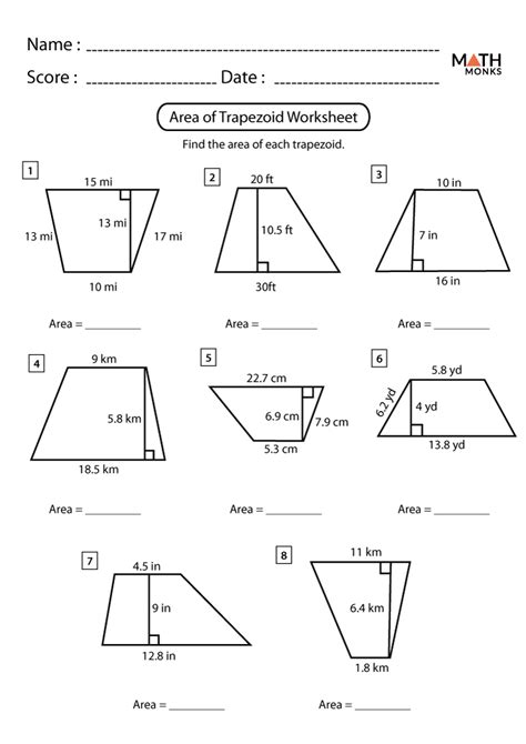 Area Of A Trapezoid Worksheet With Whole Numbers