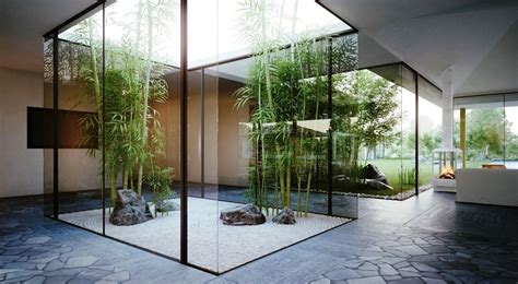 An Indoor Room With Glass Walls And Plants In The Center Surrounded By