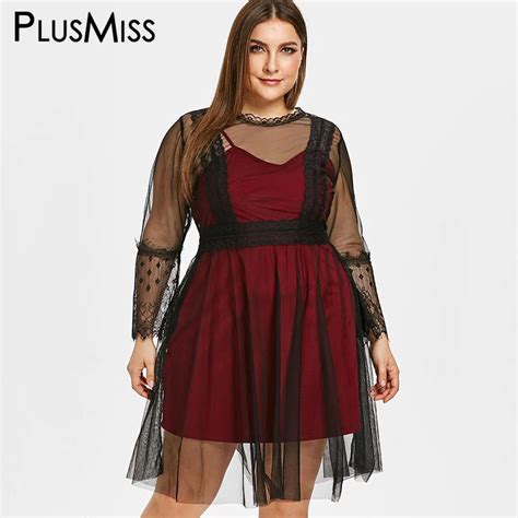 Plusmiss Plus Size 5xl Sexy Lace Mesh Sheer Dress Xxxxl Xxxl Xxl Women See Through Vintage Retro