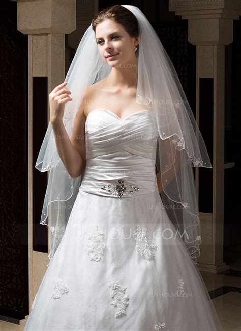 Two Tier Waltz Bridal Veils With Pearl Trim Edgescalloped