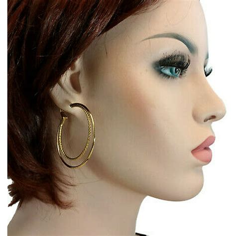 Pierced Earrings Gold Tone Double Hoop Twisted Detail 2 Surgical Steel