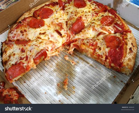 Greasy American Deep Dish Pepperoni Pizza In A Box Stock Photo 1800820