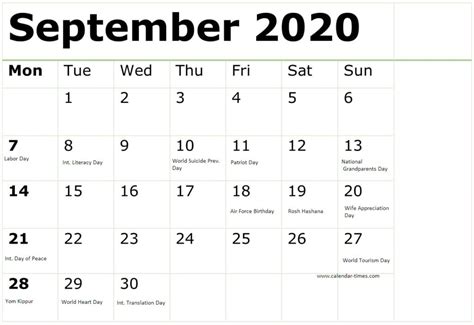 September 2020 Calendar With Federal Holidays Pdf