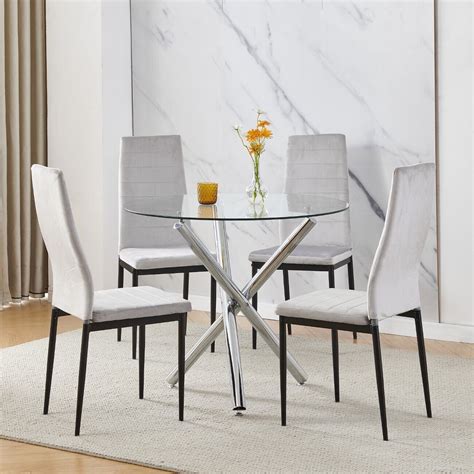 Modern 5 Piece Round Glass Dining Table Set For 4 With Chairs For Dining Room Ebay