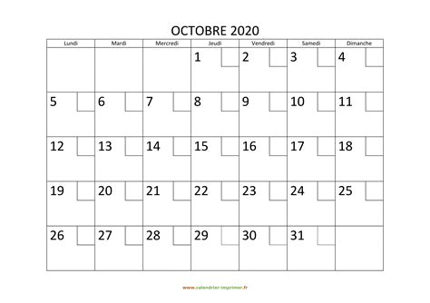 Calendrier Octobre 2020 à Imprimer