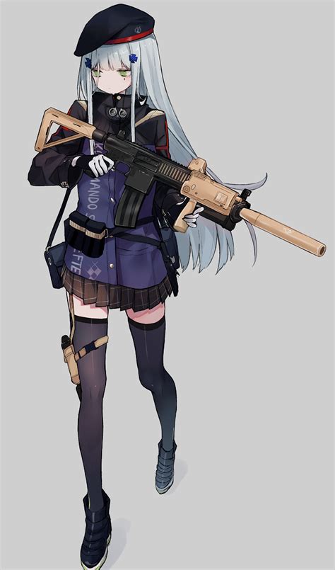 Safebooru 1girl Assault Rifle Bag Bangs Beret Black Hat Black Legwear