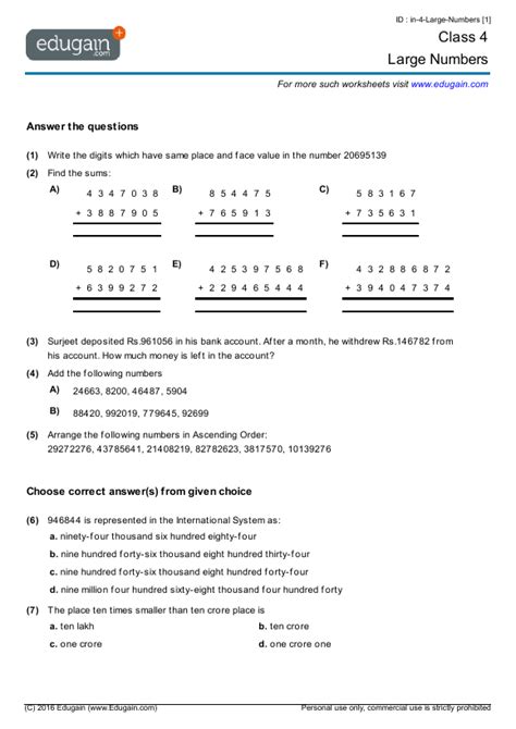 Numbers And Numeration Class 4 Worksheets