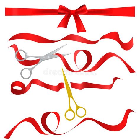 Metal Chrome And Golden Scissors Cutting Red Silk Ribbon Realistic