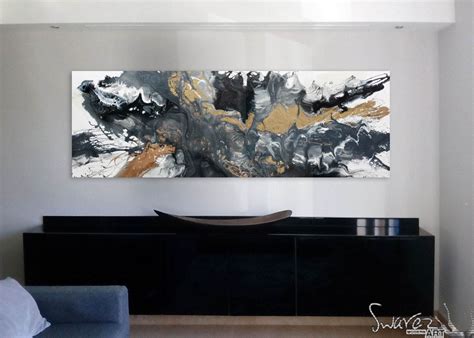 Long Grey And Black Original Abstract Painting With Gold