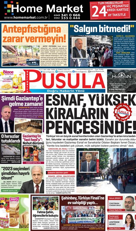 26 Temmuz 2022 tarihli Gaziantep Pusula Gazete Manşetleri