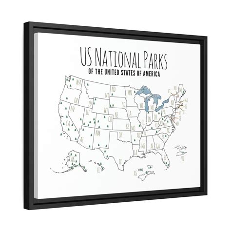 Us National Parks Map Matte Canvas Black Frame Etsy