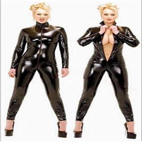 sexy black catwomen jumpsuit pvc spandex latex catsuit costumes for women body suits fetish