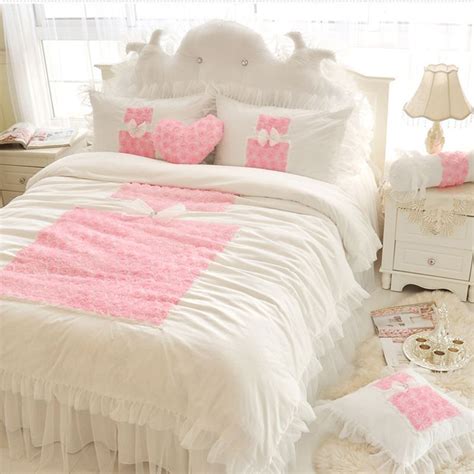 Korean Princess Bedding Sets White 4pcs Ruffles Bedspread Lace Rose Flower Duvet Cover Queen