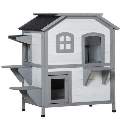 Pawhut Wooden 2 Story Outdoor Cat House Feral Cat Shelter Kitten Condo