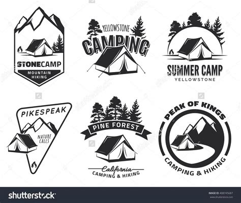 set of vintage camping and outdoor adventure emblems logos and badges camp tent in forest or
