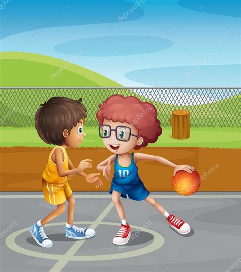 Dos Chicos Jugando Baloncesto En La Cancha Vector Gráfico Vectorial