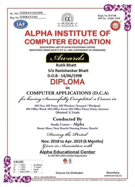 Certificate Of Diploma In Computer Applications Freelancer