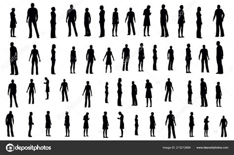 Set Black White Silhouettes People Different Poses Contours Men Women