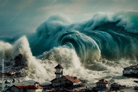 A Tsunami Hit A Small Seaside Town Apocalyptic Dramatic Background