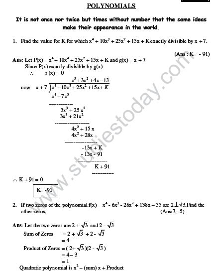 Cbse Class 10 Mathematics Hots Polynomials Set B